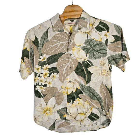 Tommy Bahama 100% Silk Hawiian‎ Shirt Size Large Men's Tan Green Floral Print - Picture 2 of 6